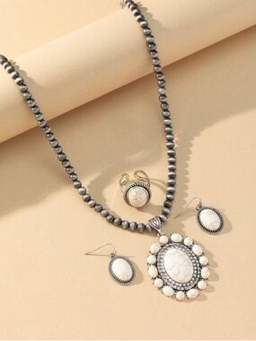 Western White Stone Pendant Necklace and Earring set- Women's Jewelry